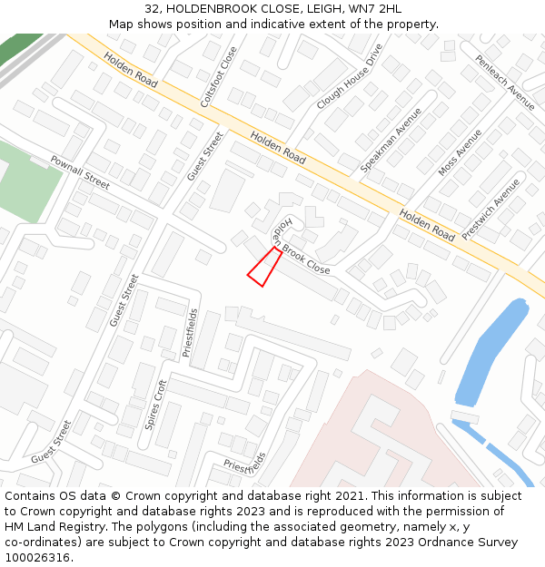 32, HOLDENBROOK CLOSE, LEIGH, WN7 2HL: Location map and indicative extent of plot