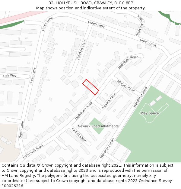 32, HOLLYBUSH ROAD, CRAWLEY, RH10 8EB: Location map and indicative extent of plot