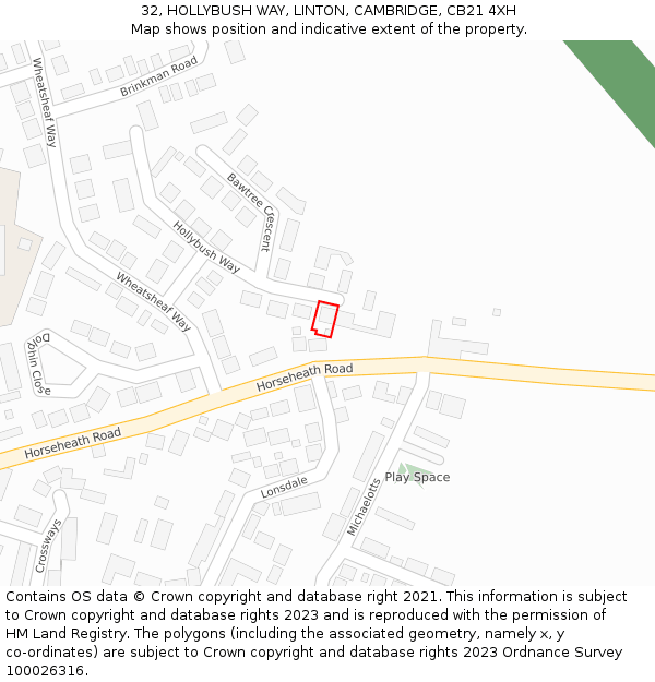 32, HOLLYBUSH WAY, LINTON, CAMBRIDGE, CB21 4XH: Location map and indicative extent of plot