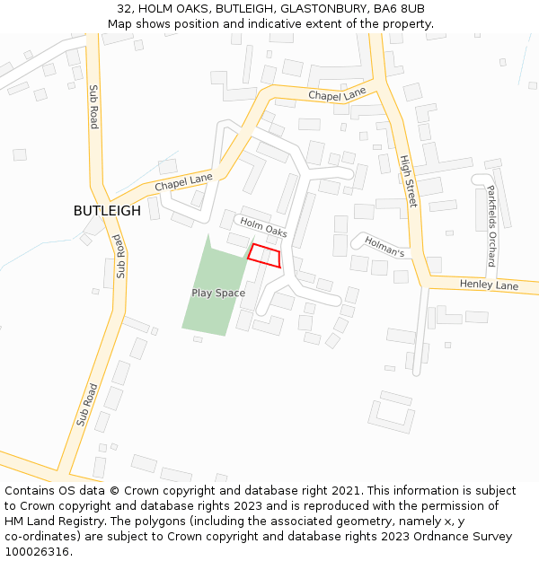 32, HOLM OAKS, BUTLEIGH, GLASTONBURY, BA6 8UB: Location map and indicative extent of plot