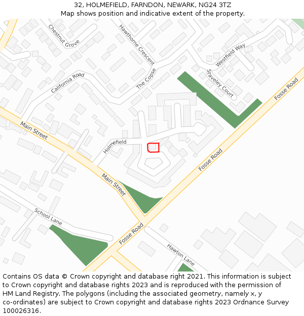 32, HOLMEFIELD, FARNDON, NEWARK, NG24 3TZ: Location map and indicative extent of plot