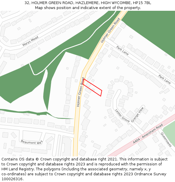 32, HOLMER GREEN ROAD, HAZLEMERE, HIGH WYCOMBE, HP15 7BL: Location map and indicative extent of plot