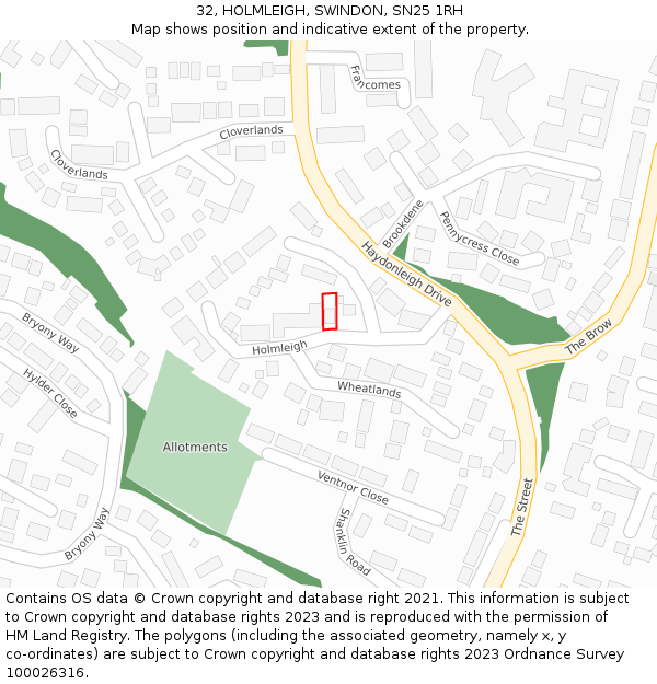 32, HOLMLEIGH, SWINDON, SN25 1RH: Location map and indicative extent of plot