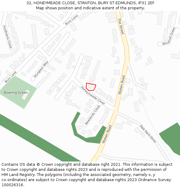 32, HONEYMEADE CLOSE, STANTON, BURY ST EDMUNDS, IP31 2EF: Location map and indicative extent of plot