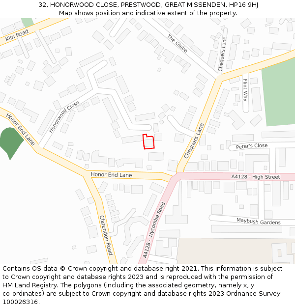 32, HONORWOOD CLOSE, PRESTWOOD, GREAT MISSENDEN, HP16 9HJ: Location map and indicative extent of plot