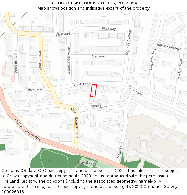 32, HOOK LANE, BOGNOR REGIS, PO22 8AX: Location map and indicative extent of plot