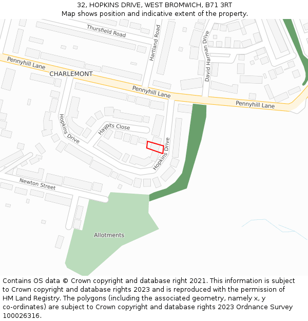 32, HOPKINS DRIVE, WEST BROMWICH, B71 3RT: Location map and indicative extent of plot