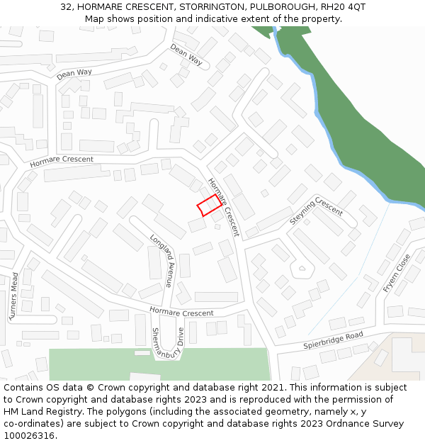 32, HORMARE CRESCENT, STORRINGTON, PULBOROUGH, RH20 4QT: Location map and indicative extent of plot