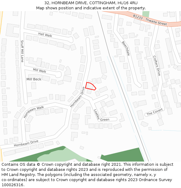 32, HORNBEAM DRIVE, COTTINGHAM, HU16 4RU: Location map and indicative extent of plot