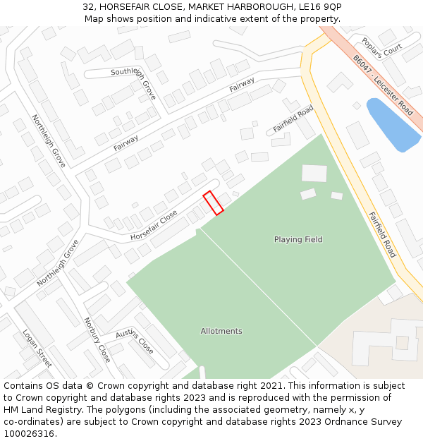 32, HORSEFAIR CLOSE, MARKET HARBOROUGH, LE16 9QP: Location map and indicative extent of plot