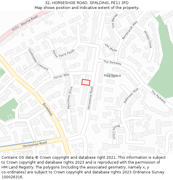 32, HORSESHOE ROAD, SPALDING, PE11 3FD: Location map and indicative extent of plot