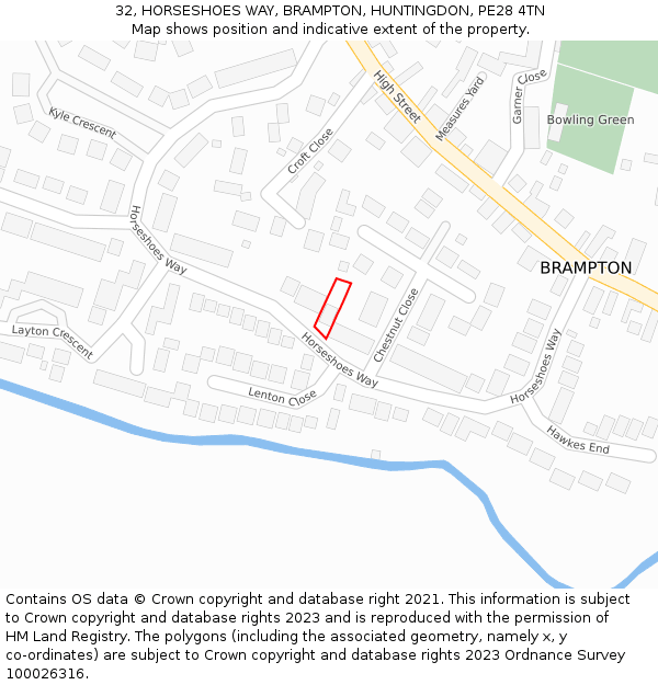 32, HORSESHOES WAY, BRAMPTON, HUNTINGDON, PE28 4TN: Location map and indicative extent of plot
