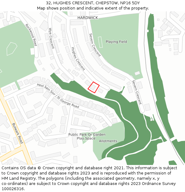 32, HUGHES CRESCENT, CHEPSTOW, NP16 5DY: Location map and indicative extent of plot