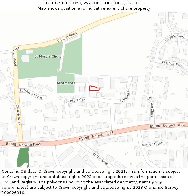 32, HUNTERS OAK, WATTON, THETFORD, IP25 6HL: Location map and indicative extent of plot