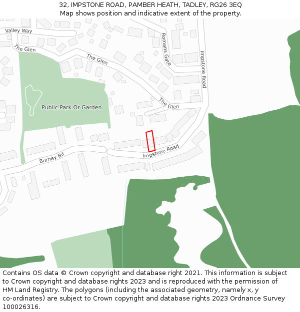 32, IMPSTONE ROAD, PAMBER HEATH, TADLEY, RG26 3EQ: Location map and indicative extent of plot