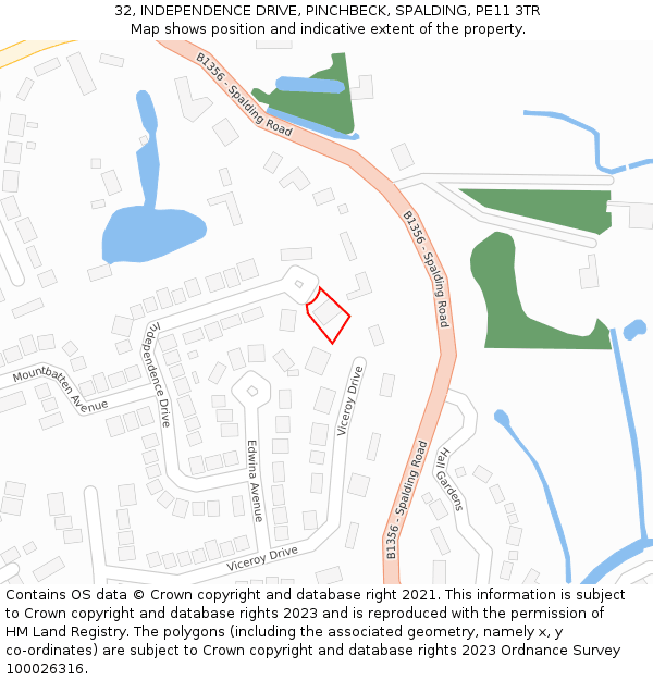 32, INDEPENDENCE DRIVE, PINCHBECK, SPALDING, PE11 3TR: Location map and indicative extent of plot