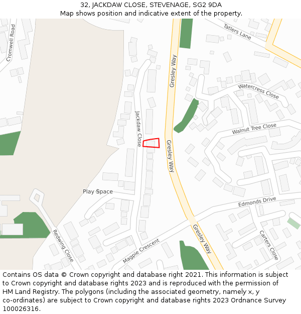 32, JACKDAW CLOSE, STEVENAGE, SG2 9DA: Location map and indicative extent of plot