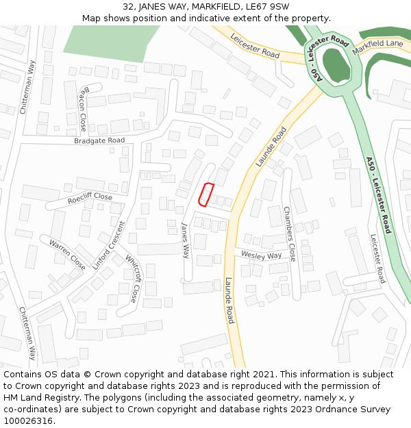 32, JANES WAY, MARKFIELD, LE67 9SW: Location map and indicative extent of plot