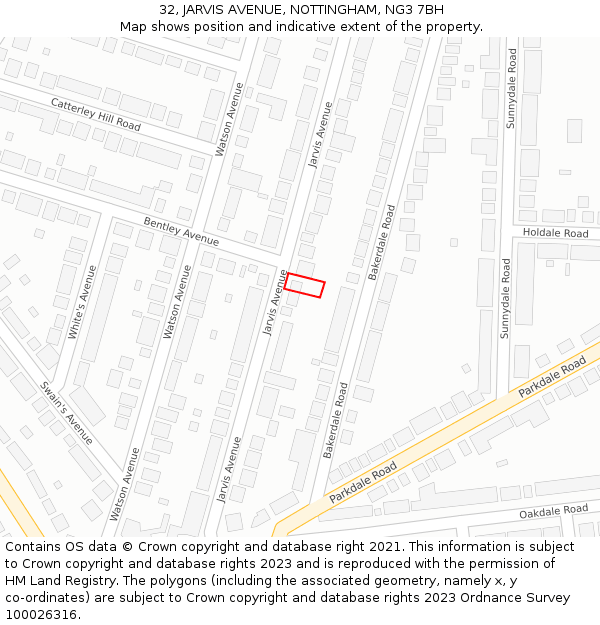 32, JARVIS AVENUE, NOTTINGHAM, NG3 7BH: Location map and indicative extent of plot