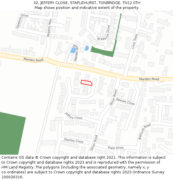 32, JEFFERY CLOSE, STAPLEHURST, TONBRIDGE, TN12 0TH: Location map and indicative extent of plot