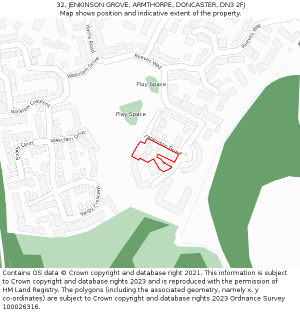 32, JENKINSON GROVE, ARMTHORPE, DONCASTER, DN3 2FJ: Location map and indicative extent of plot