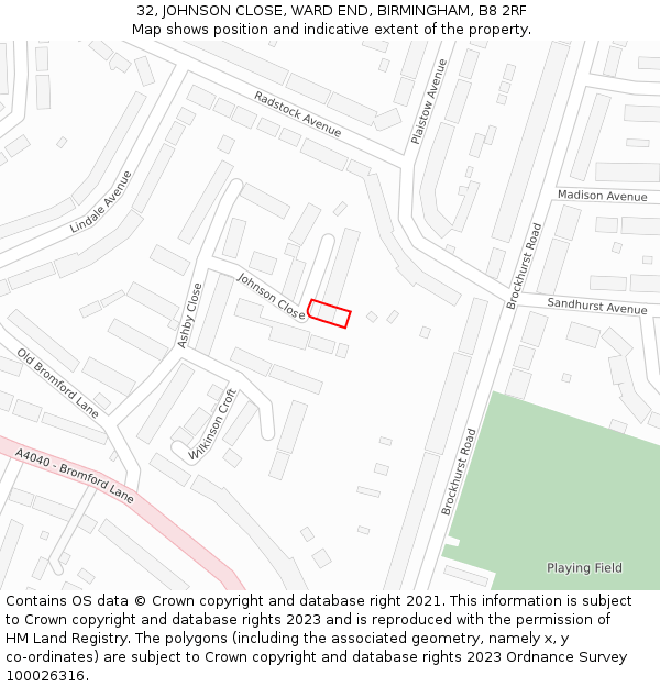 32, JOHNSON CLOSE, WARD END, BIRMINGHAM, B8 2RF: Location map and indicative extent of plot