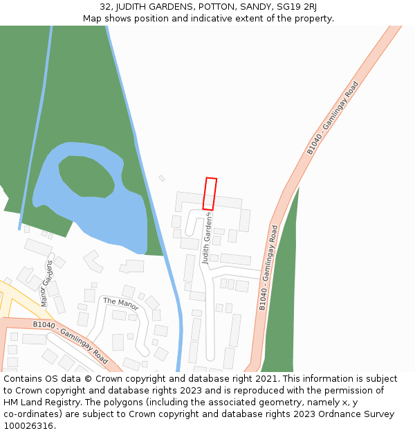 32, JUDITH GARDENS, POTTON, SANDY, SG19 2RJ: Location map and indicative extent of plot