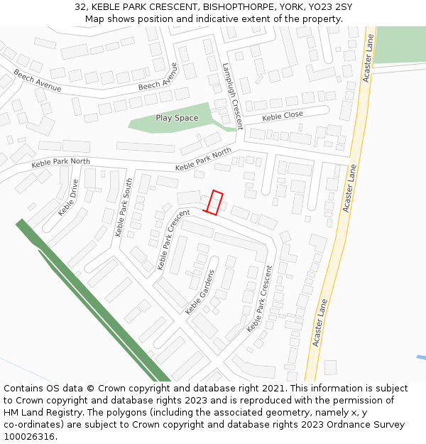 32, KEBLE PARK CRESCENT, BISHOPTHORPE, YORK, YO23 2SY: Location map and indicative extent of plot