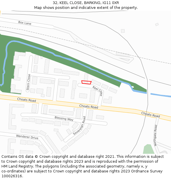 32, KEEL CLOSE, BARKING, IG11 0XR: Location map and indicative extent of plot