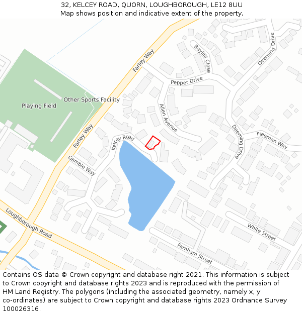 32, KELCEY ROAD, QUORN, LOUGHBOROUGH, LE12 8UU: Location map and indicative extent of plot