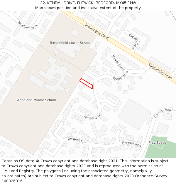 32, KENDAL DRIVE, FLITWICK, BEDFORD, MK45 1NW: Location map and indicative extent of plot