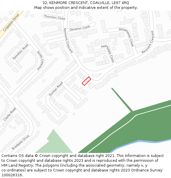32, KENMORE CRESCENT, COALVILLE, LE67 4RQ: Location map and indicative extent of plot