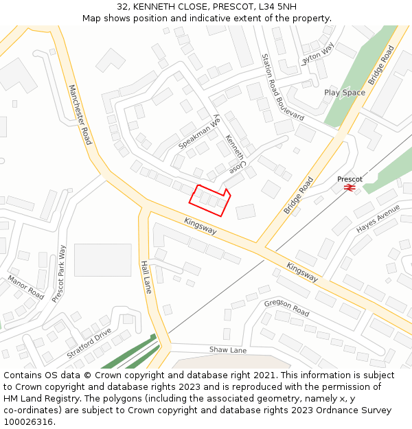 32, KENNETH CLOSE, PRESCOT, L34 5NH: Location map and indicative extent of plot