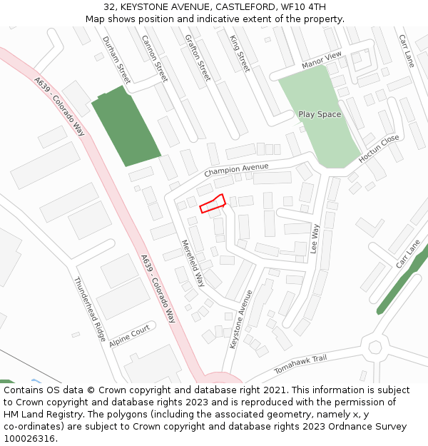 32, KEYSTONE AVENUE, CASTLEFORD, WF10 4TH: Location map and indicative extent of plot