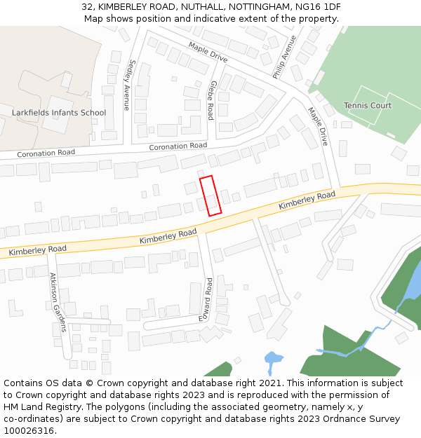 32, KIMBERLEY ROAD, NUTHALL, NOTTINGHAM, NG16 1DF: Location map and indicative extent of plot