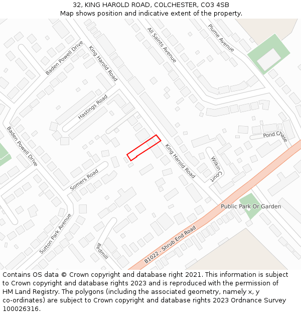 32, KING HAROLD ROAD, COLCHESTER, CO3 4SB: Location map and indicative extent of plot