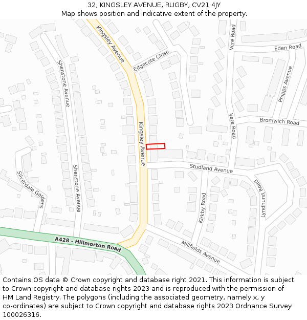 32, KINGSLEY AVENUE, RUGBY, CV21 4JY: Location map and indicative extent of plot