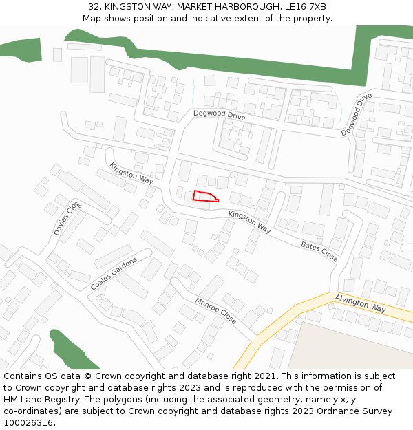 32, KINGSTON WAY, MARKET HARBOROUGH, LE16 7XB: Location map and indicative extent of plot