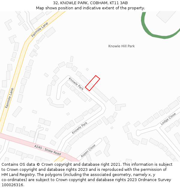 32, KNOWLE PARK, COBHAM, KT11 3AB: Location map and indicative extent of plot