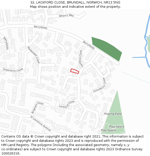 32, LACKFORD CLOSE, BRUNDALL, NORWICH, NR13 5NG: Location map and indicative extent of plot