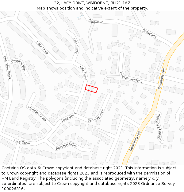 32, LACY DRIVE, WIMBORNE, BH21 1AZ: Location map and indicative extent of plot