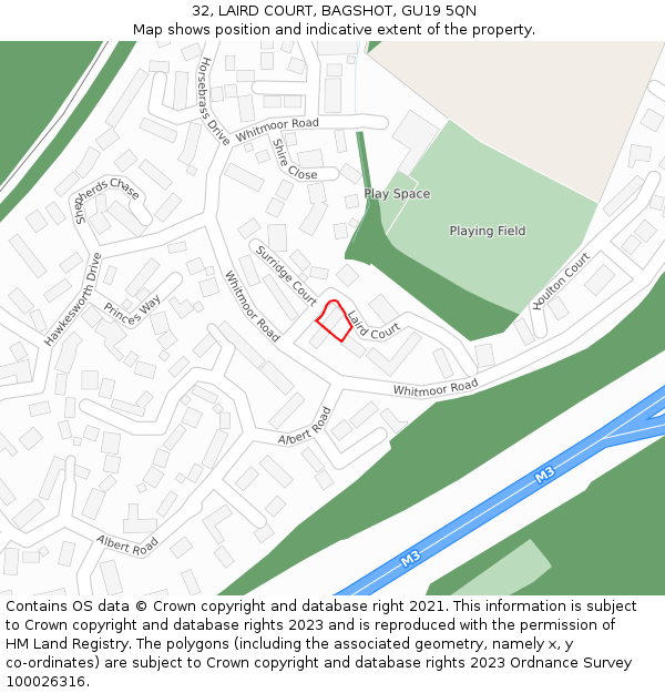 32, LAIRD COURT, BAGSHOT, GU19 5QN: Location map and indicative extent of plot