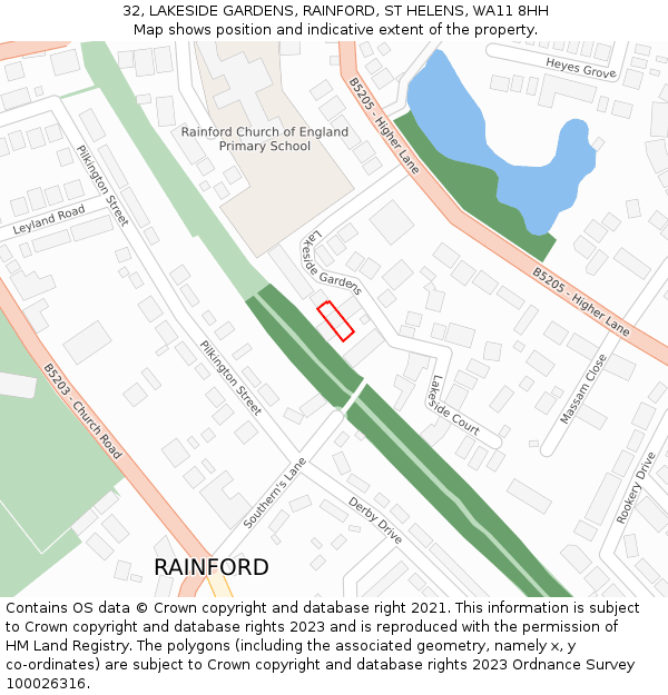 32, LAKESIDE GARDENS, RAINFORD, ST HELENS, WA11 8HH: Location map and indicative extent of plot
