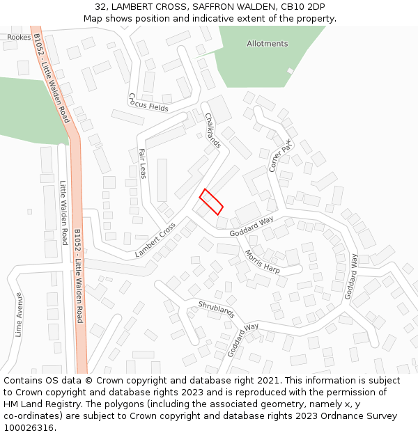 32, LAMBERT CROSS, SAFFRON WALDEN, CB10 2DP: Location map and indicative extent of plot