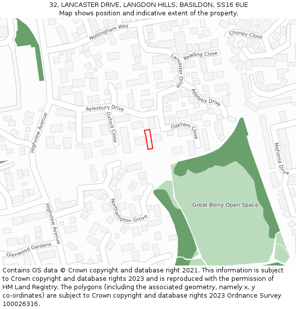 32, LANCASTER DRIVE, LANGDON HILLS, BASILDON, SS16 6UE: Location map and indicative extent of plot