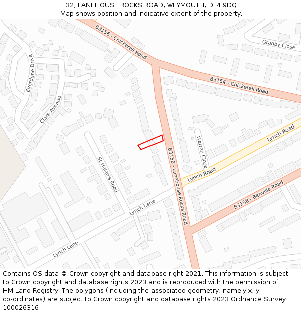 32, LANEHOUSE ROCKS ROAD, WEYMOUTH, DT4 9DQ: Location map and indicative extent of plot