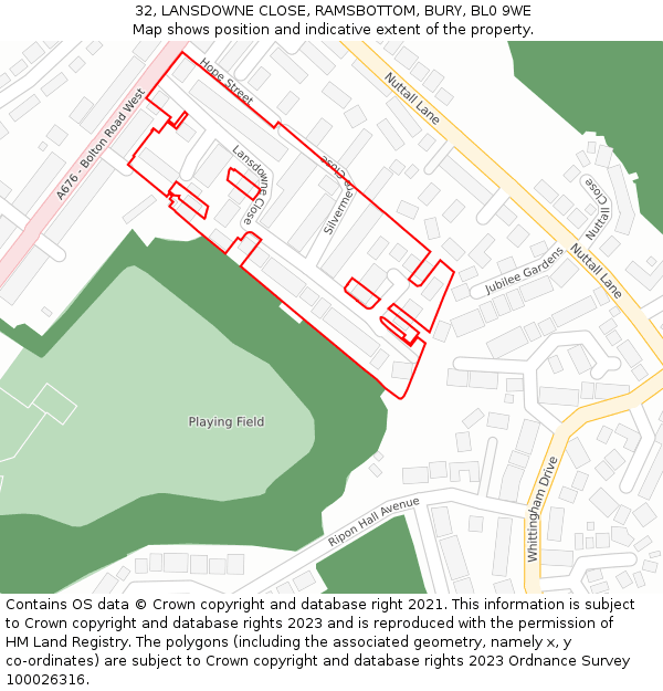 32, LANSDOWNE CLOSE, RAMSBOTTOM, BURY, BL0 9WE: Location map and indicative extent of plot