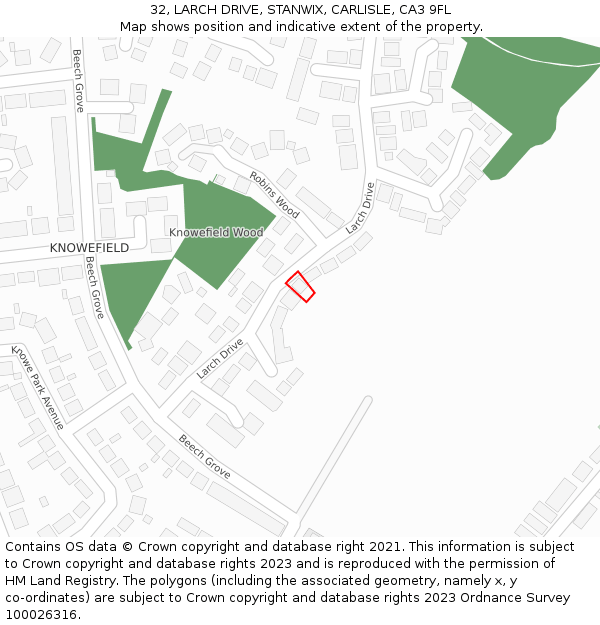 32, LARCH DRIVE, STANWIX, CARLISLE, CA3 9FL: Location map and indicative extent of plot