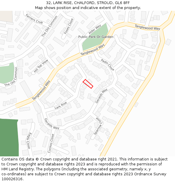 32, LARK RISE, CHALFORD, STROUD, GL6 8FF: Location map and indicative extent of plot