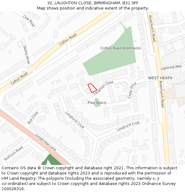 32, LAUGHTON CLOSE, BIRMINGHAM, B31 3PF: Location map and indicative extent of plot